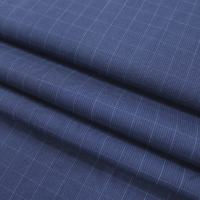 Tecido para camisaria tricoline fio 60 Alexandria 336 grid médio branco com fundo azul, 100% algodão