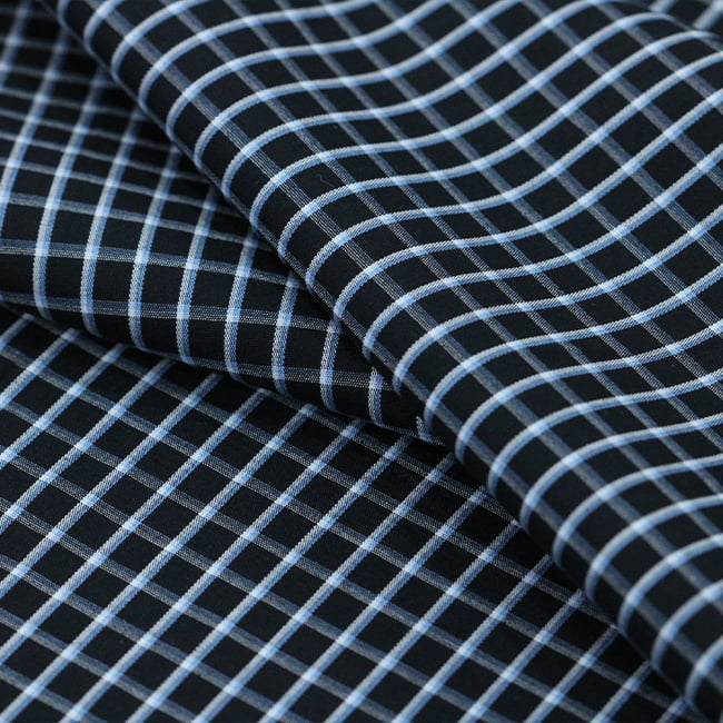 Tecido Camisaria Tricoline Fio 60 - Alexandria 274 - Xadrez M Azul Claro - Fundo Preto - 100% Algodão - Milfios Tecidos