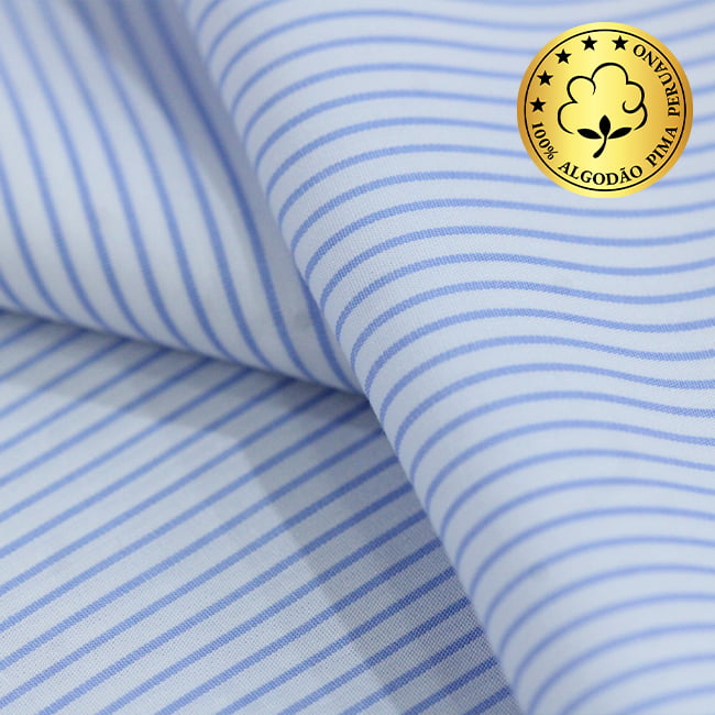 Tecido Camisaria fio 70 - Tremosine 03 Listra M Celeste - 100% Algodão Pima - Milfios Tecidos