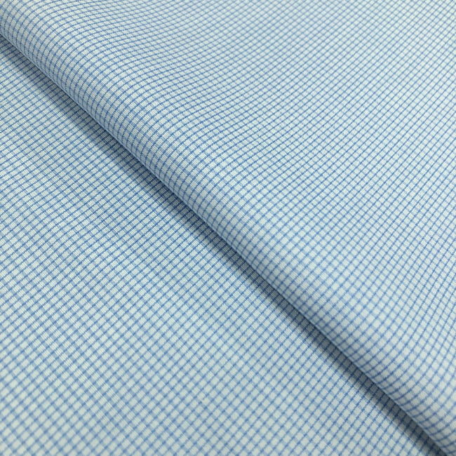 Tecido Camisaria Tricoline Fio 60 - Alexandria 284 Xadrez Azul Claro - Fundo Azul Suave - 100% Algodão - Milfios Tecidos