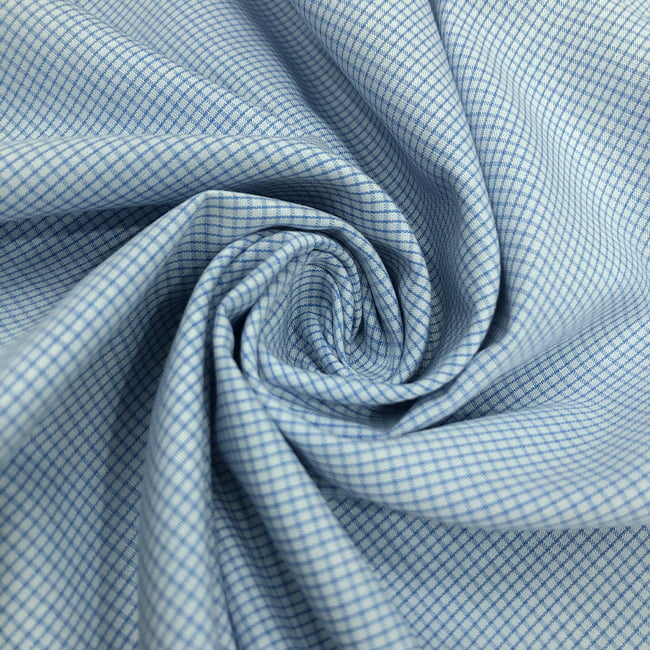 Tecido Camisaria Tricoline Fio 60 - Alexandria 284 Xadrez Azul Claro - Fundo Azul Suave - 100% Algodão - Milfios Tecidos