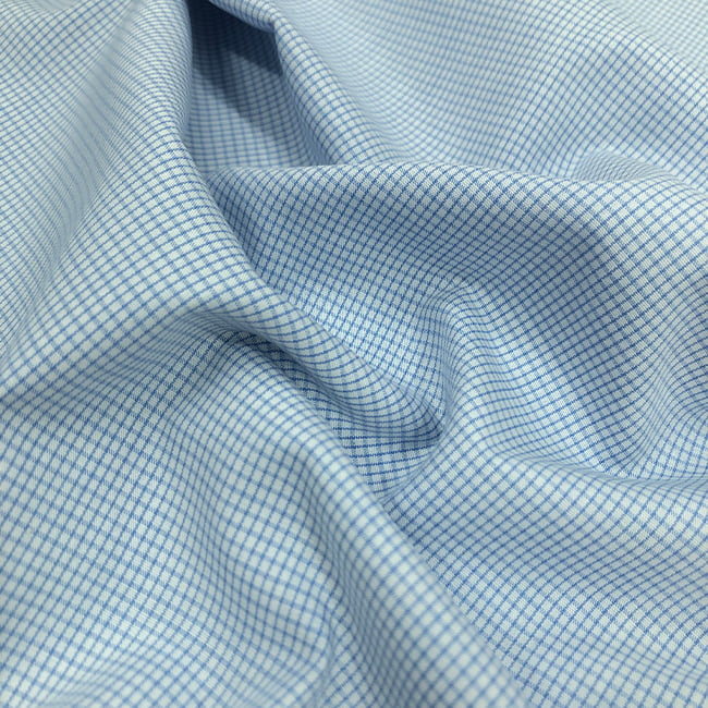 Tecido Camisaria Tricoline Fio 60 - Alexandria 284 Xadrez Azul Claro - Fundo Azul Suave - 100% Algodão - Milfios Tecidos