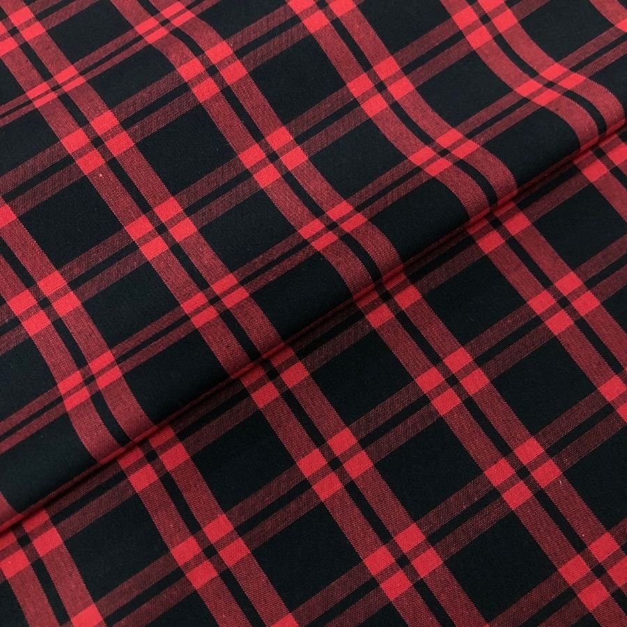 Tecido Tricoline Fio 40 - FT Xadrez Texas 03 Preto e Vermelho - 100% Algodão - Milfios Tecidos