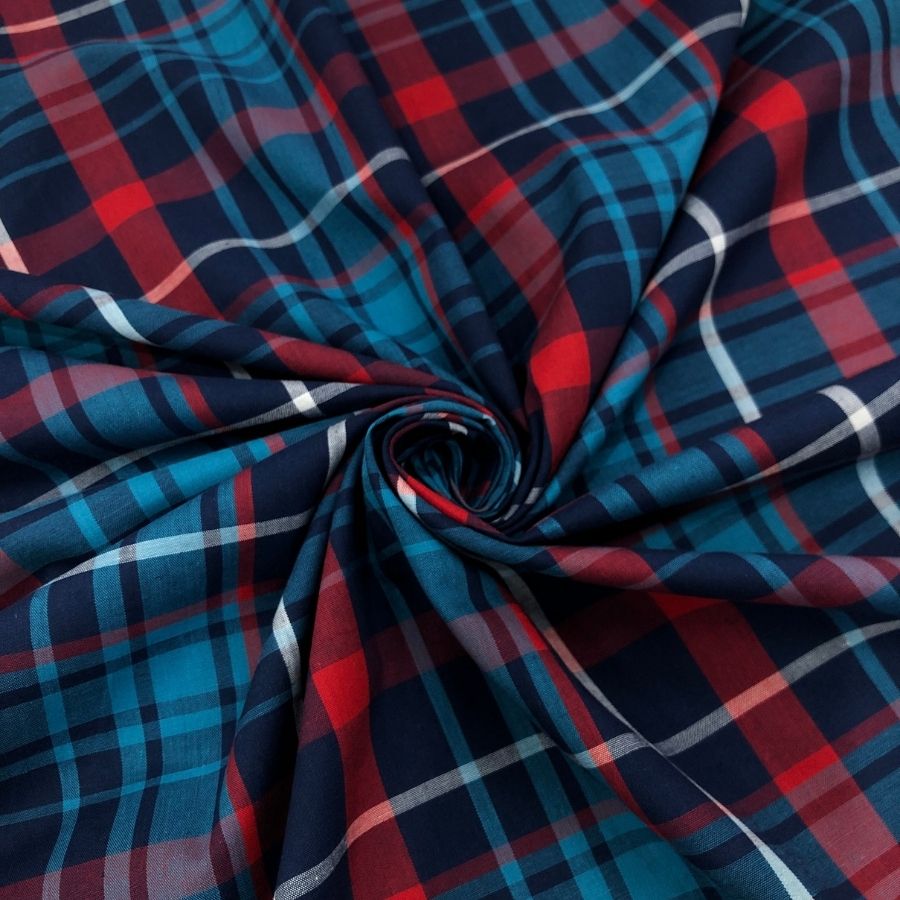 Tecido Tricoline Fio 40 - FT Xadrez Texas 05 Azul Vermelho e Branco - 100% Algodão - Milfios Tecidos