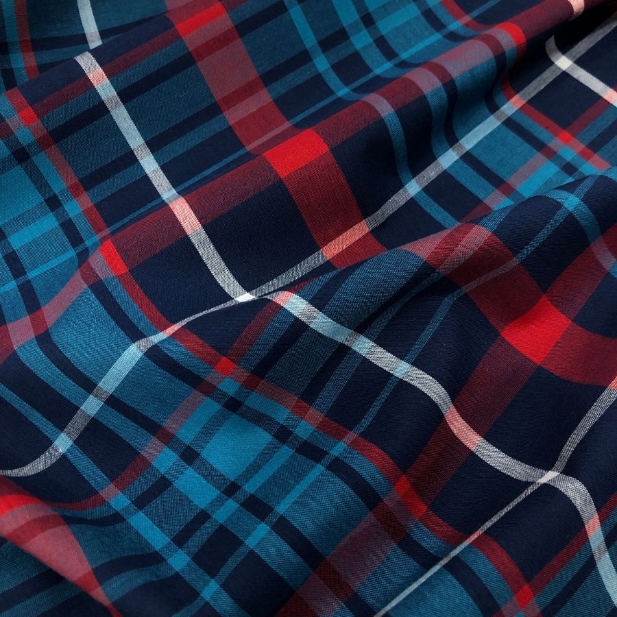 Tecido Tricoline Fio 40 - FT Xadrez Texas 05 Azul Vermelho e Branco - 100% Algodão - Milfios Tecidos