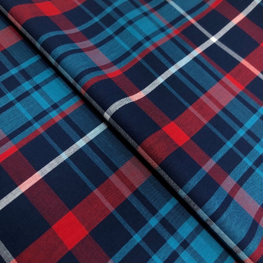 Tecido Tricoline Fio 40 - FT Xadrez Texas 05 Azul Vermelho e Branco - 100% Algodão - Milfios Tecidos