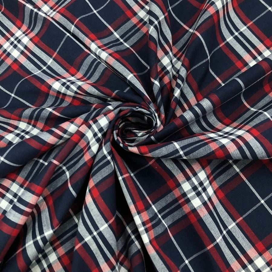 Tecido Tricoline Fio 40 - FT Xadrez Texas 06 Marinho, Branco e Vermelho - 100% Algodão - Milfios Tecidos