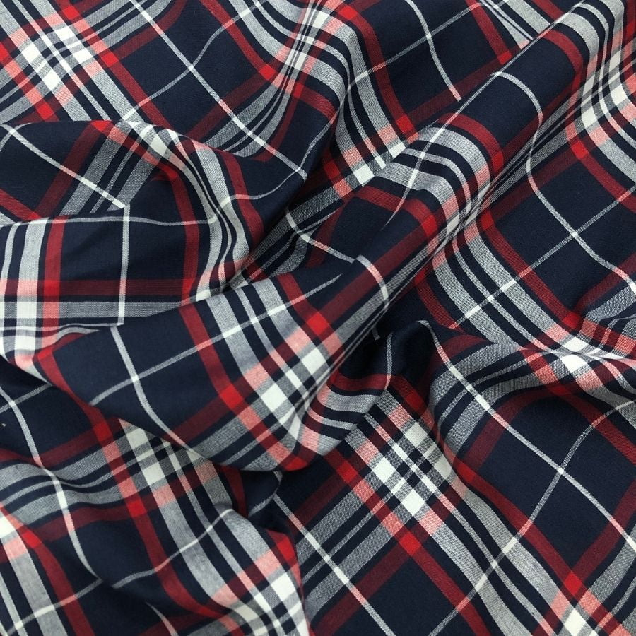 Tecido Tricoline Fio 40 - FT Xadrez Texas 06 Marinho, Branco e Vermelho - 100% Algodão - Milfios Tecidos
