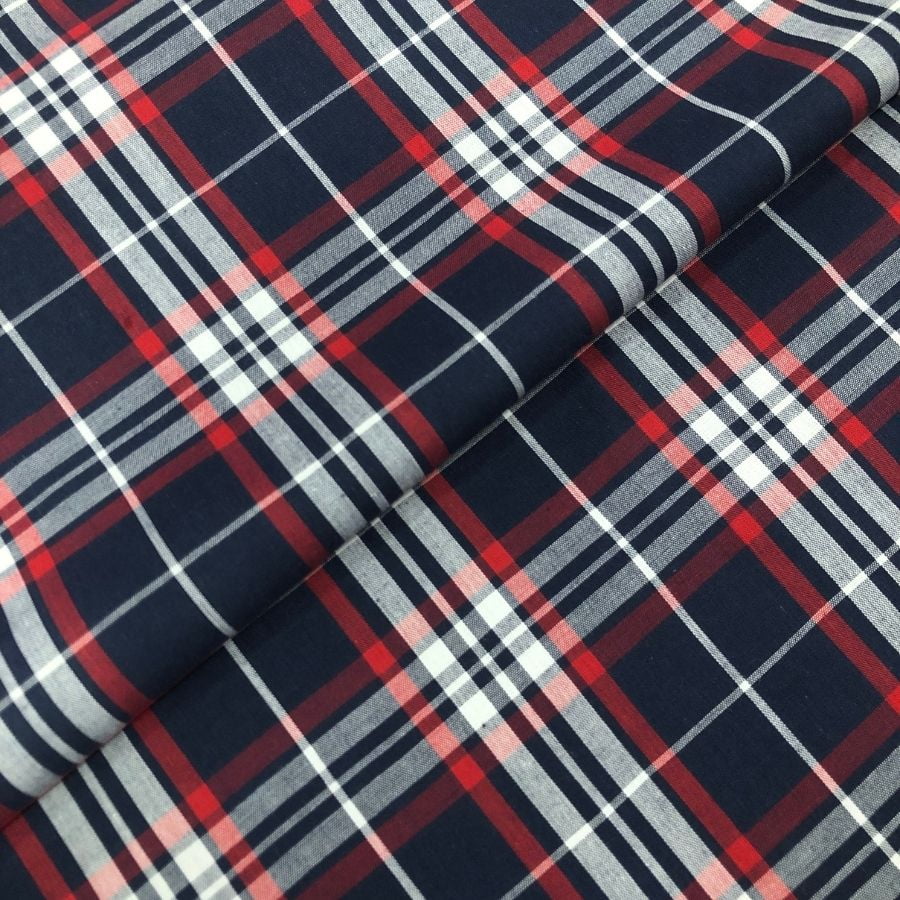 Tecido Tricoline Fio 40 - FT Xadrez Texas 06 Marinho, Branco e Vermelho - 100% Algodão - Milfios Tecidos