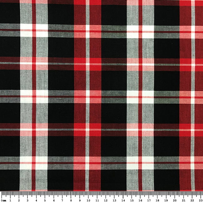 Tecido Tricoline Fio 40 - FT Xadrez Texas 07 Preto Vermelho e Branco - 100% Algodão - Milfios Tecidos