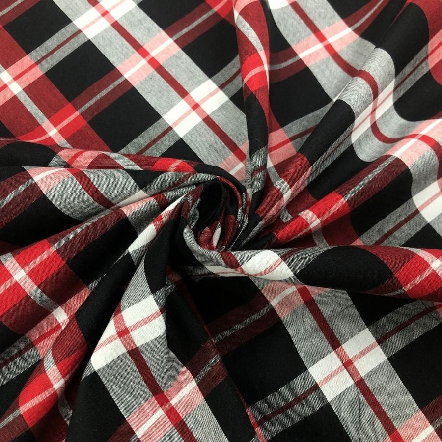 Tecido Tricoline Fio 40 - FT Xadrez Texas 07 Preto Vermelho e Branco - 100% Algodão - Milfios Tecidos