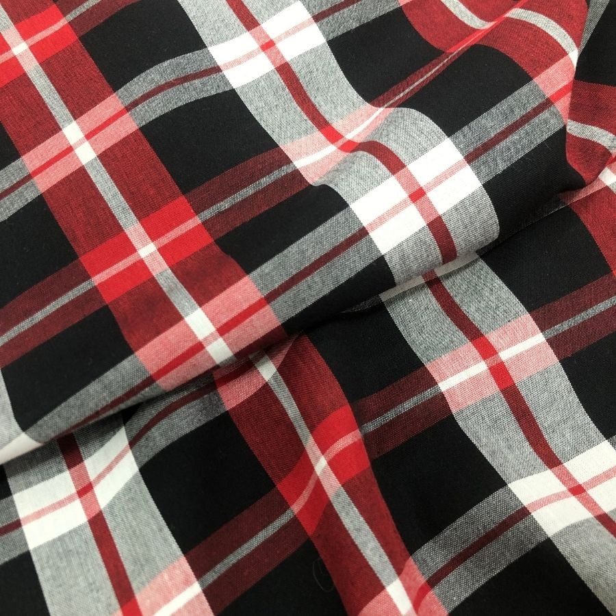 Tecido Tricoline Fio 40 - FT Xadrez Texas 07 Preto Vermelho e Branco - 100% Algodão - Milfios Tecidos