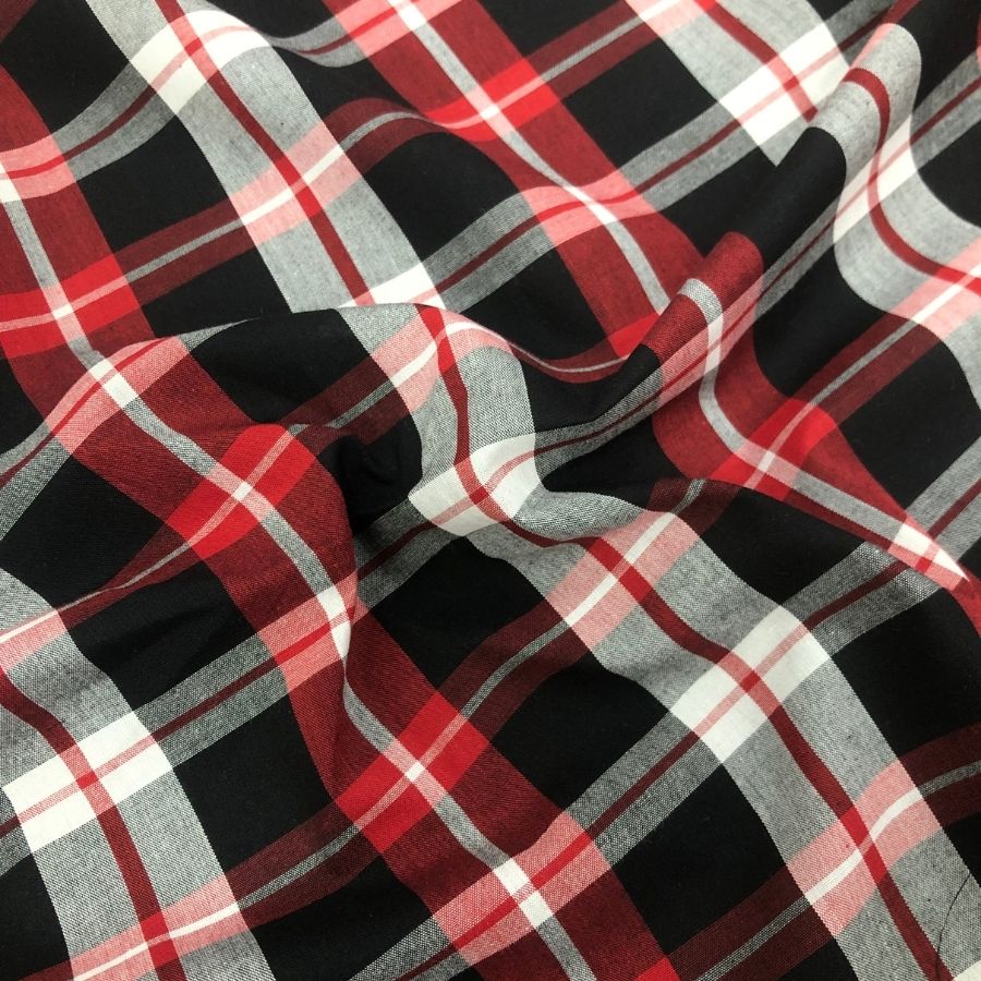 Tecido Tricoline Fio 40 - FT Xadrez Texas 07 Preto Vermelho e Branco - 100% Algodão - Milfios Tecidos